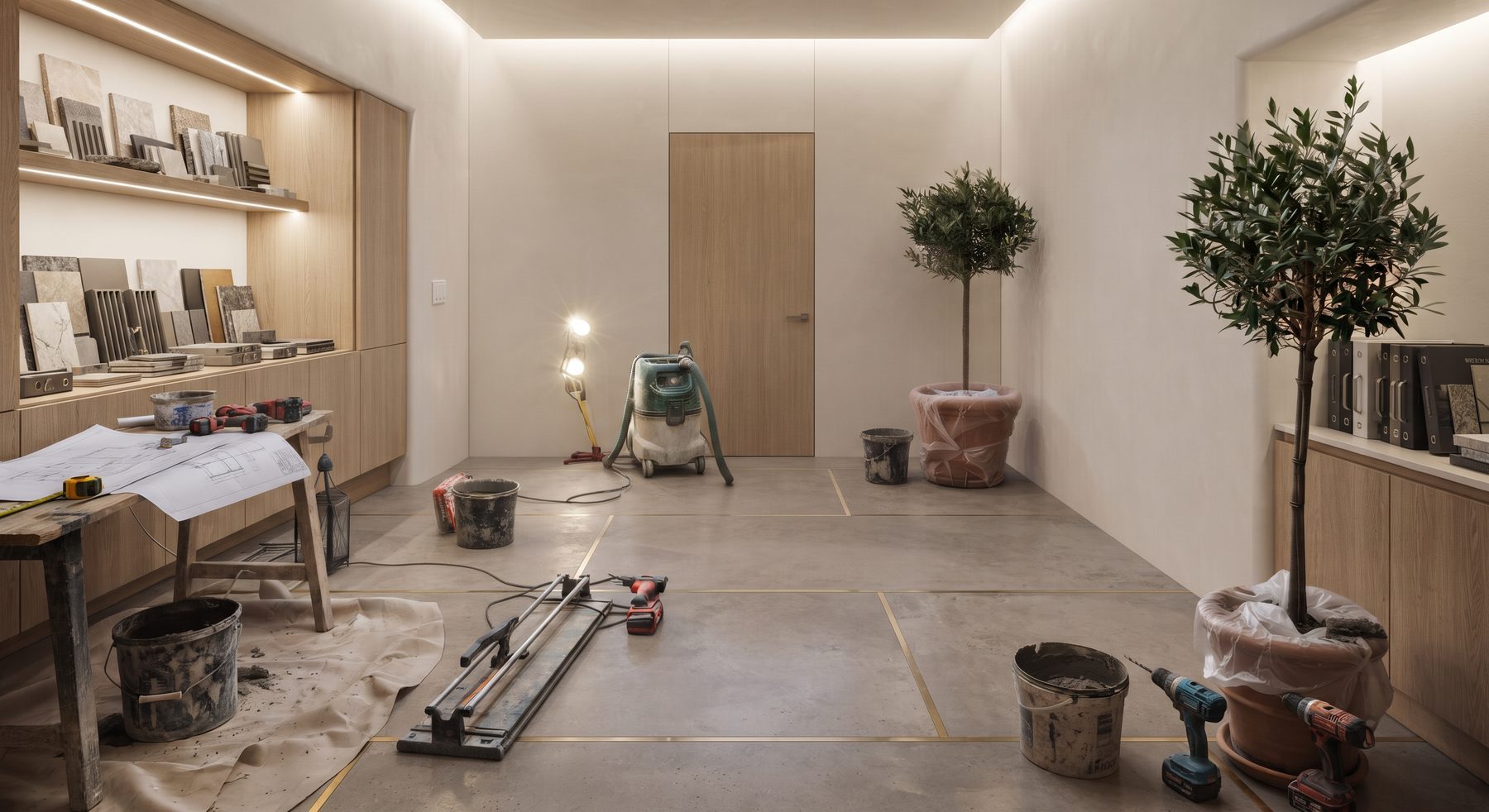 Arbeitsraum mit Fliesen- und Natursteinmustern im Regal, Fliesenschneider und Werkzeug auf dem verlegten Großformatboden