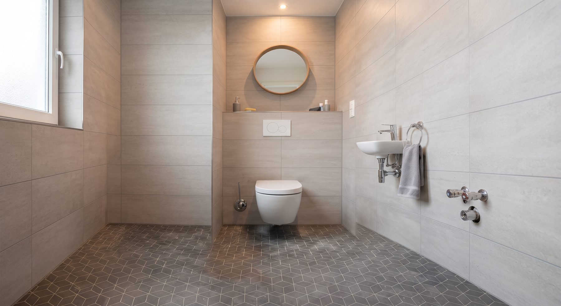 Gäste-WC mit Wand-WC vor verkleideter Vorwand, Wandwaschtisch, Rundspiegel und rautenförmigem Mosaikboden