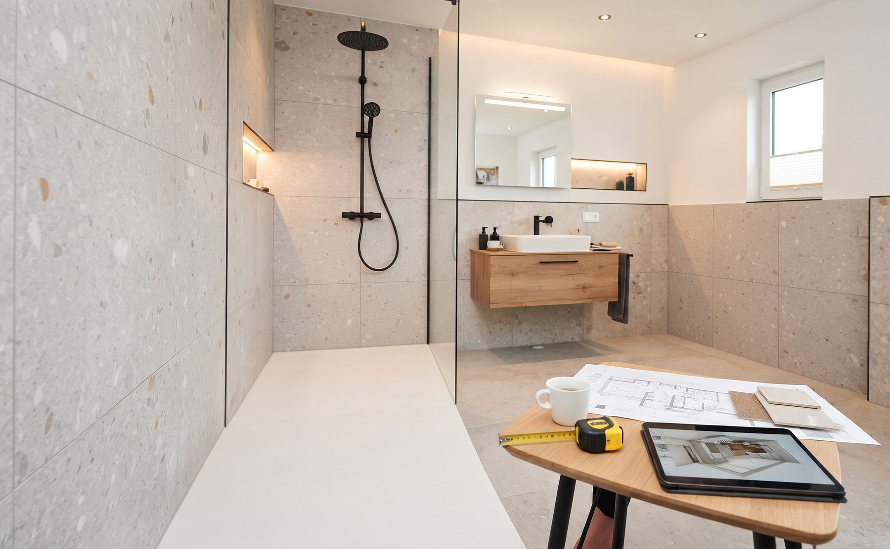 Fertig saniertes Bad mit bodengleicher Dusche und Waschtisch, davor ein Planungstisch mit Grundriss und Materialmustern